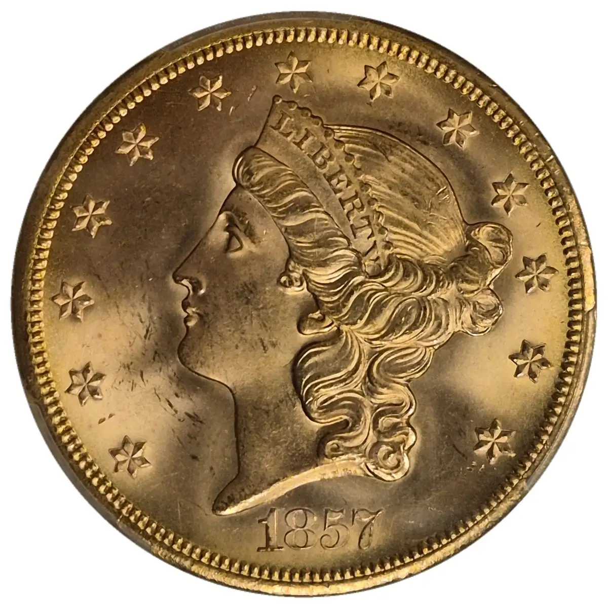 1857-S-$20-Liberty-Double-Eagle---Spiked-Shield-20A---#75-In-100-Greatest-Coins